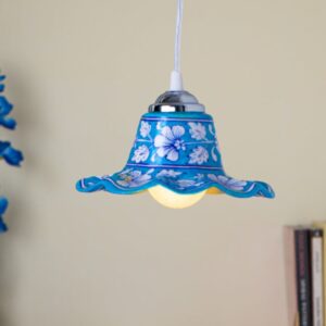 Blue Pottery hanging lamp with floral design, handcrafted ceramic pendant light in traditional Jaipur style