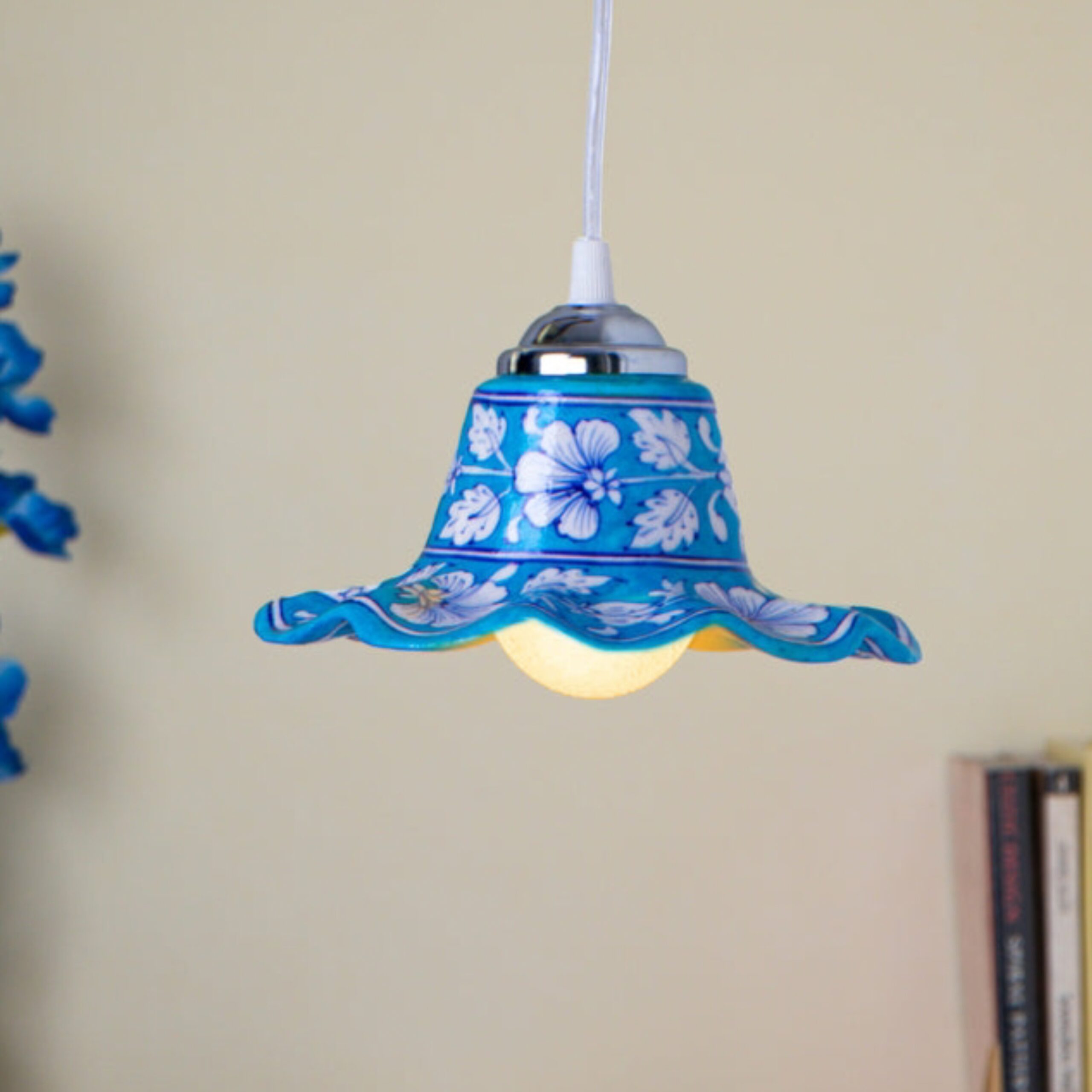 Blue Pottery hanging lamp with floral design, handcrafted ceramic pendant light in traditional Jaipur style