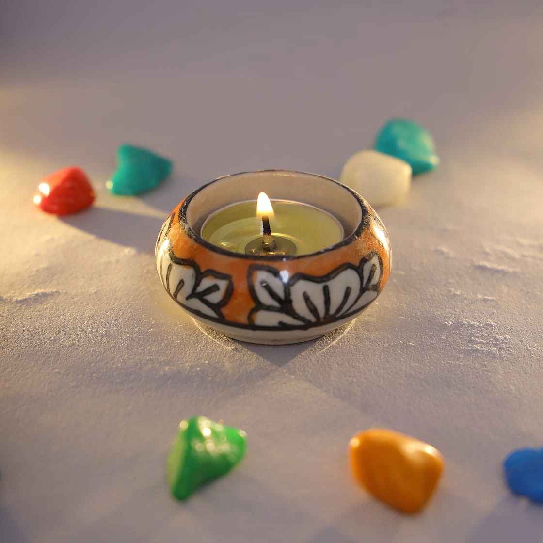 Handmade Blue Pottery Diya and Candle Holder with Hand-painted Floral Design