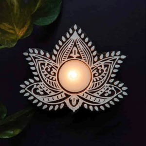 Handcrafted Lotus Design Candle Holder with intricate white patterns for Diwali and home décor