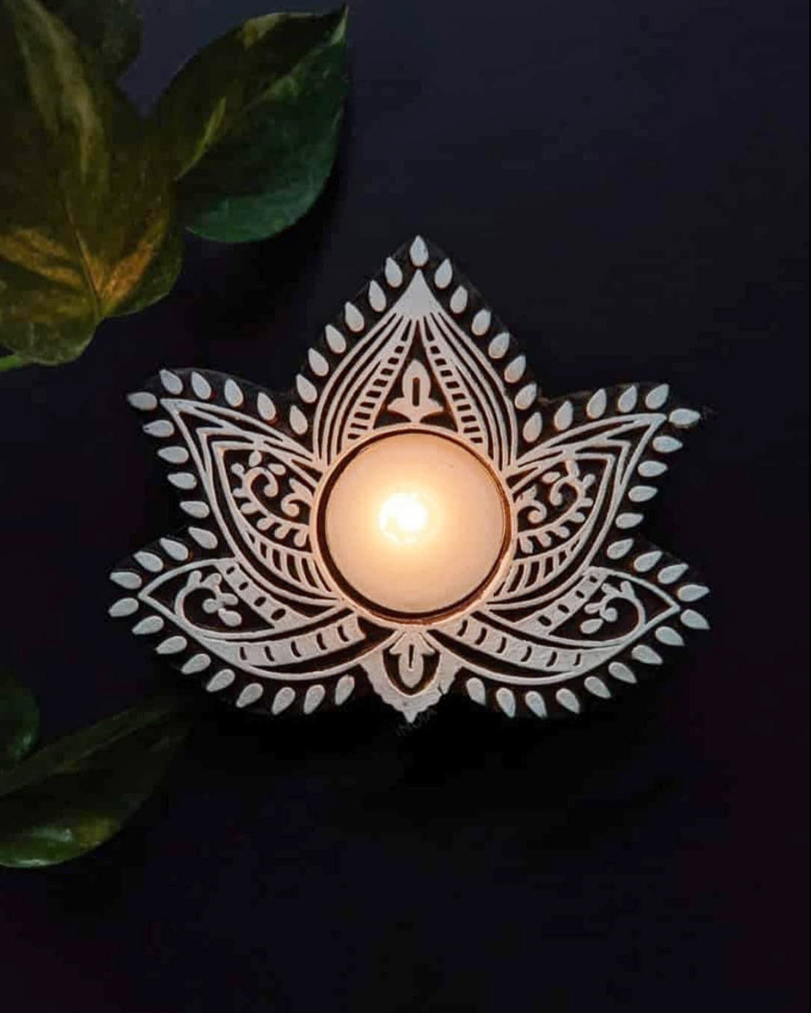 Handcrafted Lotus Design Candle Holder with intricate white patterns for Diwali and home décor