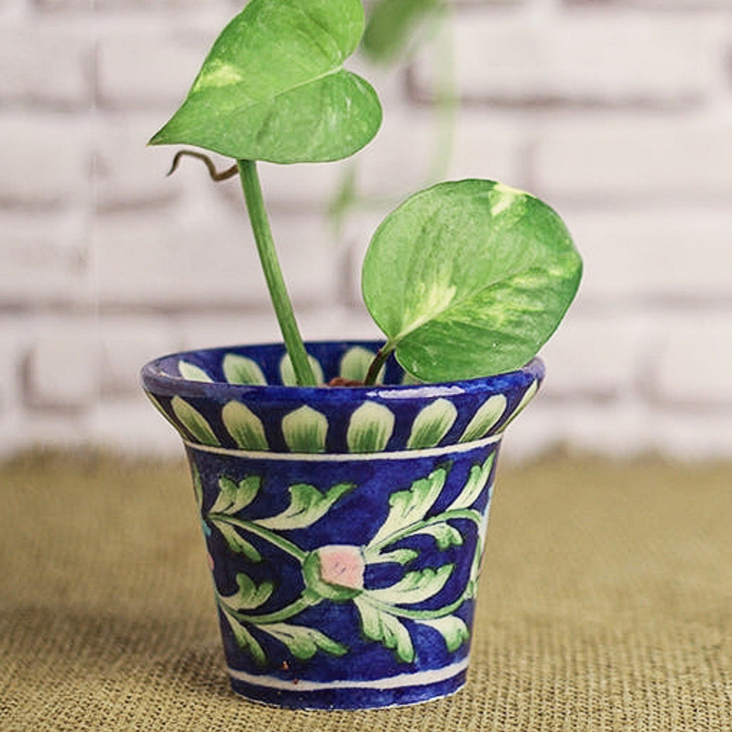 Handcrafted Blue Pottery Flower Pot with floral design for indoor plants and home décor