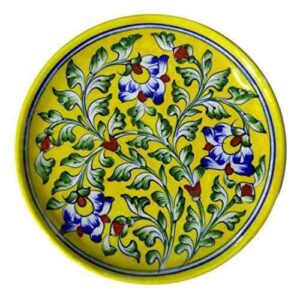 8 Inch Blue Pottery Yellow Plate – Handcrafted Jaipur Art