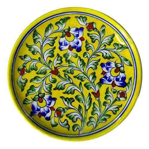 8 Inch Blue Pottery Yellow Plate – Handcrafted Jaipur Art